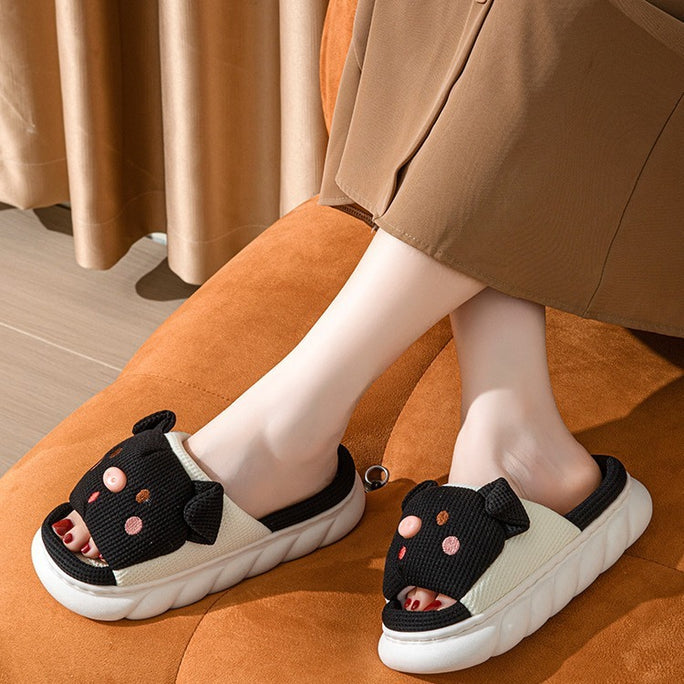 Cute Piggy Open-Toe Slippers – Soft Linen & Cotton Slides