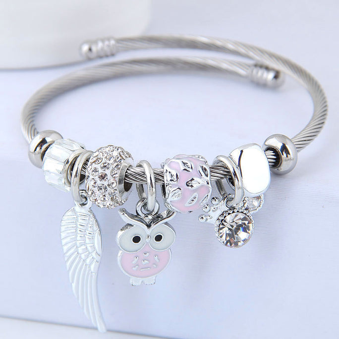 DIY Beaded Owl & Angel Wings Bracelet – Stainless Steel Pendant Jewelry