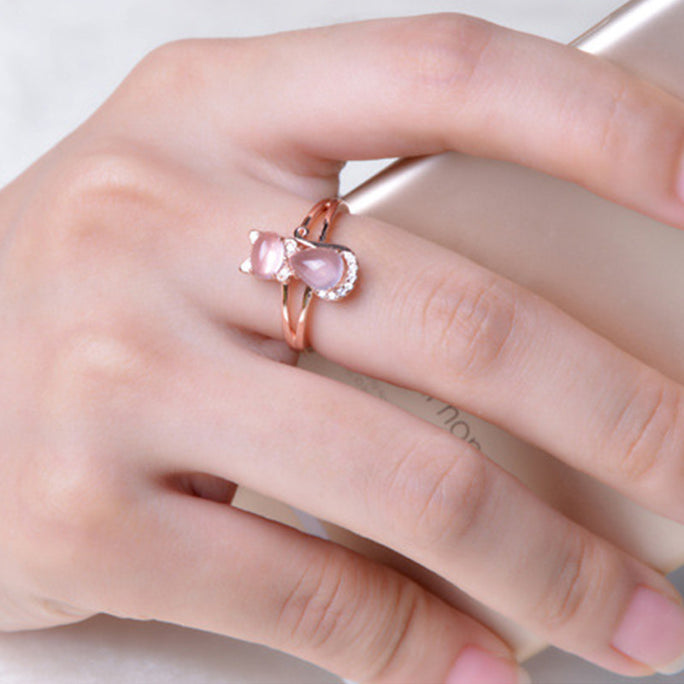 Rose Gold Plated Cat Ring with Hibiscus Crystal – Women’s Jewelry for Pet Lovers