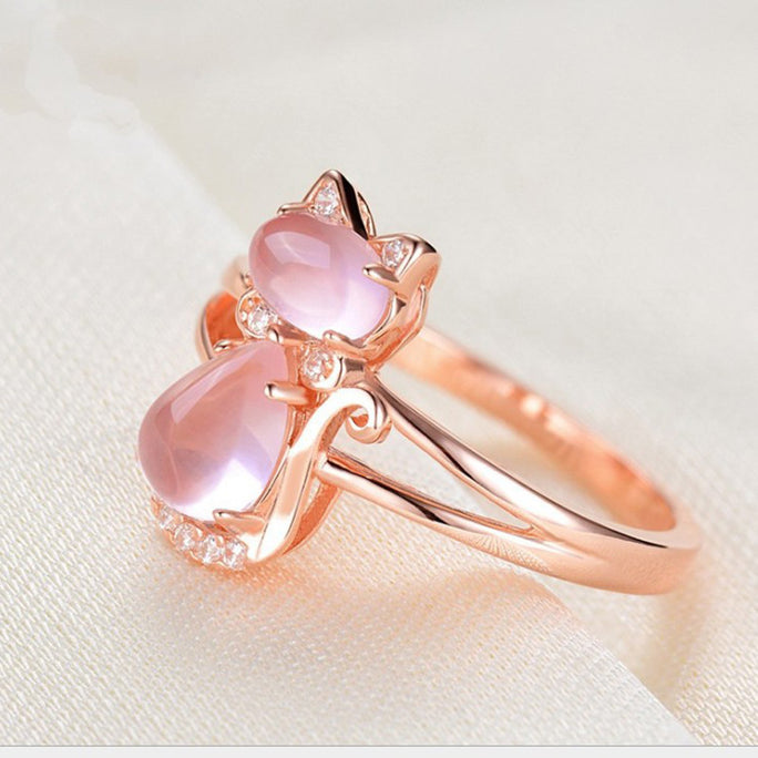 Rose Gold Plated Cat Ring with Hibiscus Crystal – Women’s Jewelry for Pet Lovers
