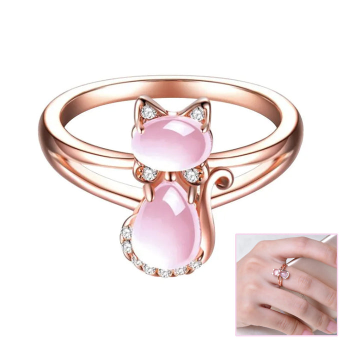 Rose Gold Plated Cat Ring with Hibiscus Crystal – Women’s Jewelry for Pet Lovers