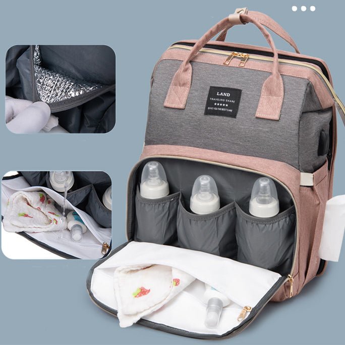 3-in-1 Baby Diaper Bag Backpack with Foldable Crib & Insulated Pockets