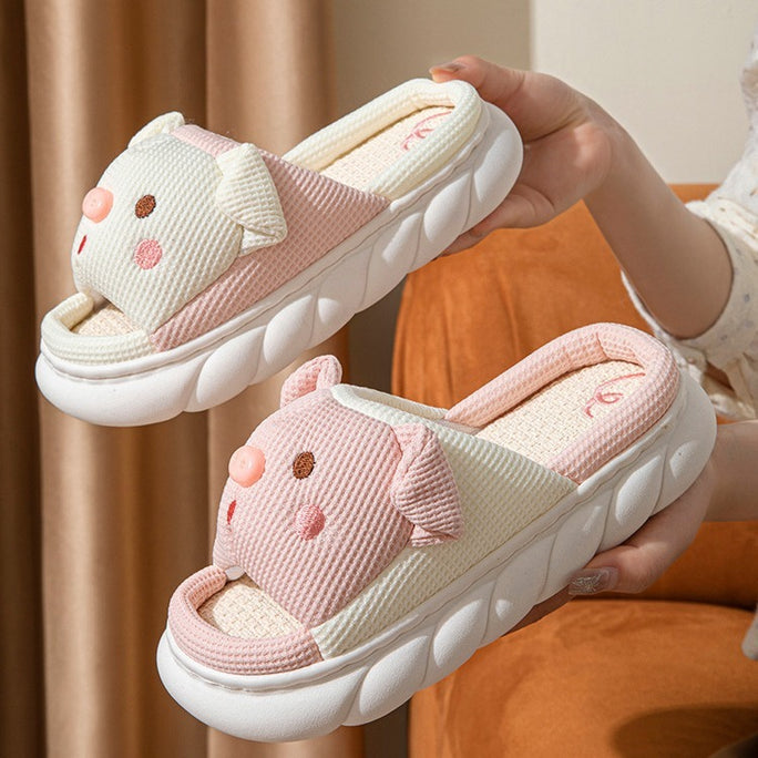 Cute Piggy Open-Toe Slippers – Soft Linen & Cotton Slides