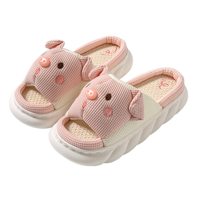 Cute Piggy Open-Toe Slippers – Soft Linen & Cotton Slides