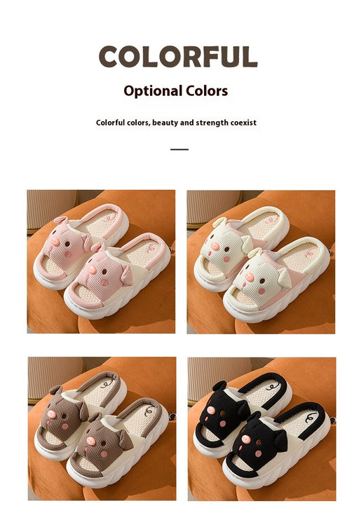 Cute Piggy Open-Toe Slippers – Soft Linen & Cotton Slides