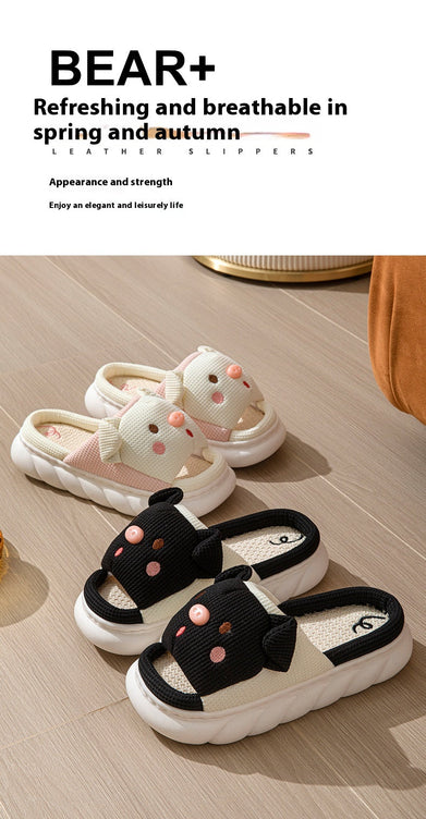 Cute Piggy Open-Toe Slippers – Soft Linen & Cotton Slides