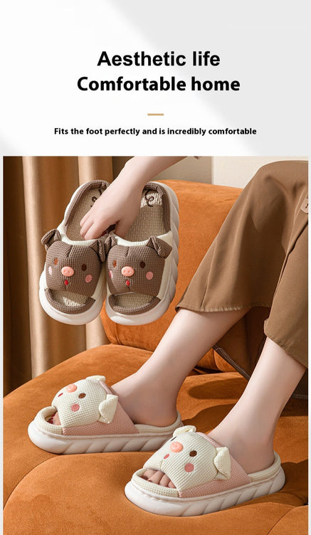 Cute Piggy Open-Toe Slippers – Soft Linen & Cotton Slides