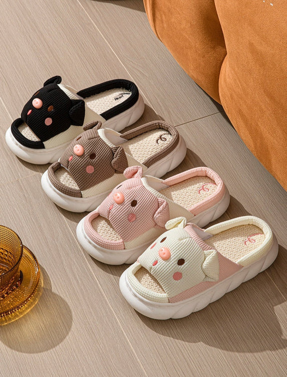 Cute Piggy Open-Toe Slippers – Soft Linen & Cotton Slides