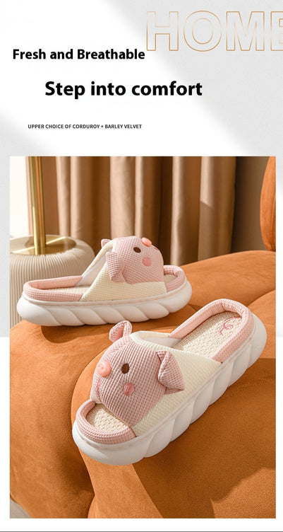 Cute Piggy Open-Toe Slippers – Soft Linen & Cotton Slides