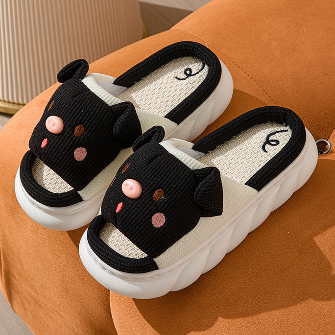 Cute Piggy Open-Toe Slippers – Soft Linen & Cotton Slides