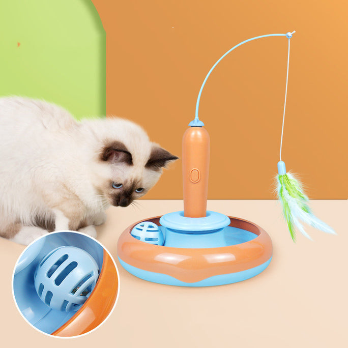 2-in-1 Interactive Cat Toy with Feather – Turntable Self-Play Pet Toy