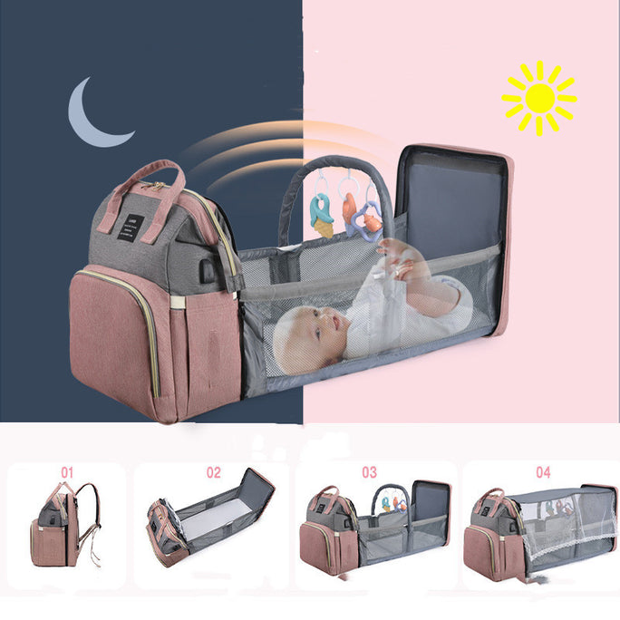 3-in-1 Baby Diaper Bag Backpack with Foldable Crib & Insulated Pockets