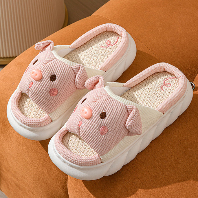Cute Piggy Open-Toe Slippers – Soft Linen & Cotton Slides