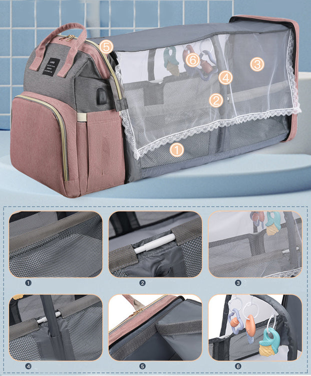 3-in-1 Baby Diaper Bag Backpack with Foldable Crib & Insulated Pockets