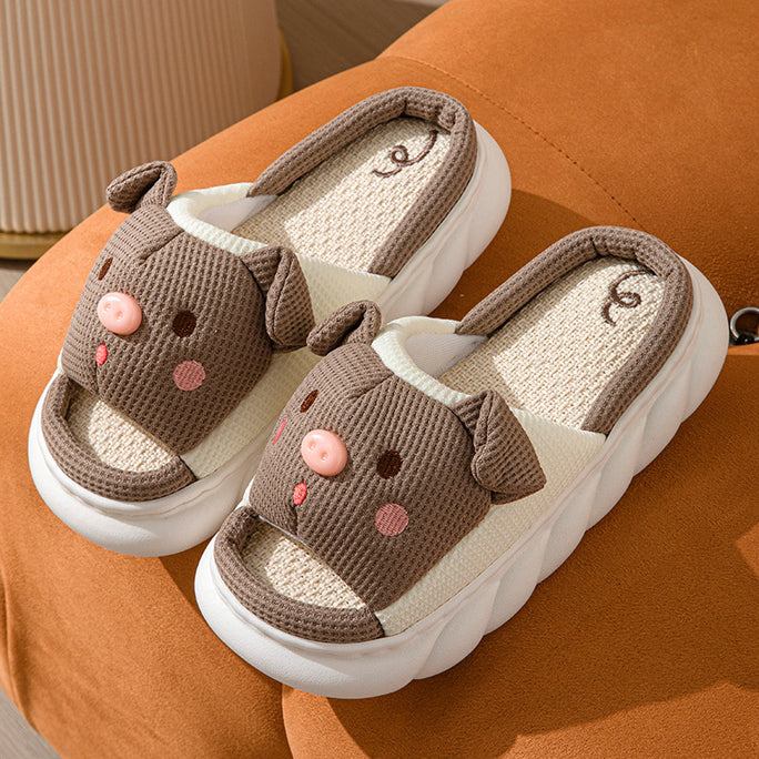 Cute Piggy Open-Toe Slippers – Soft Linen & Cotton Slides