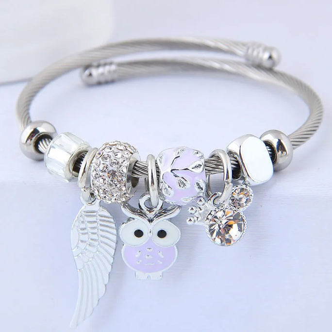 DIY Beaded Owl & Angel Wings Bracelet – Stainless Steel Pendant Jewelry