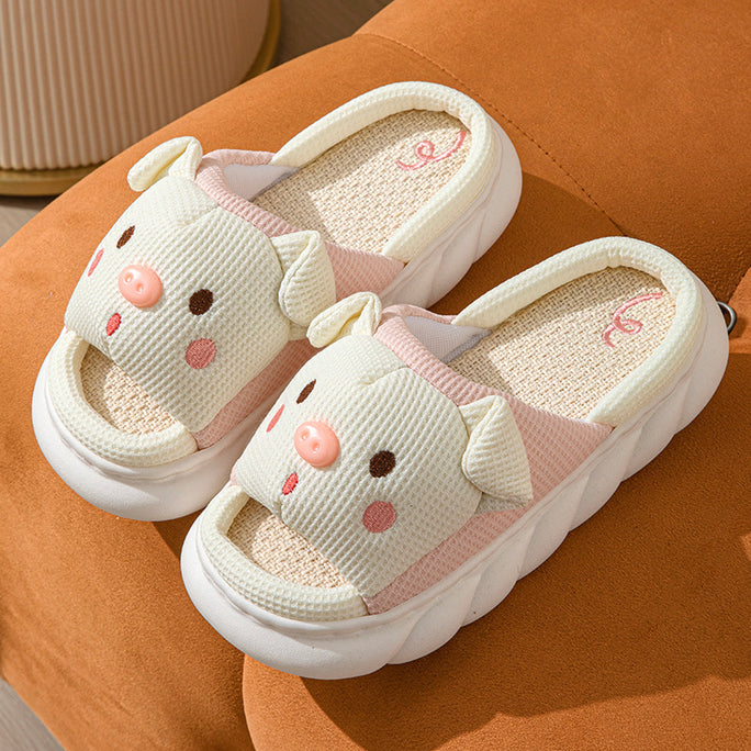 Cute Piggy Open-Toe Slippers – Soft Linen & Cotton Slides